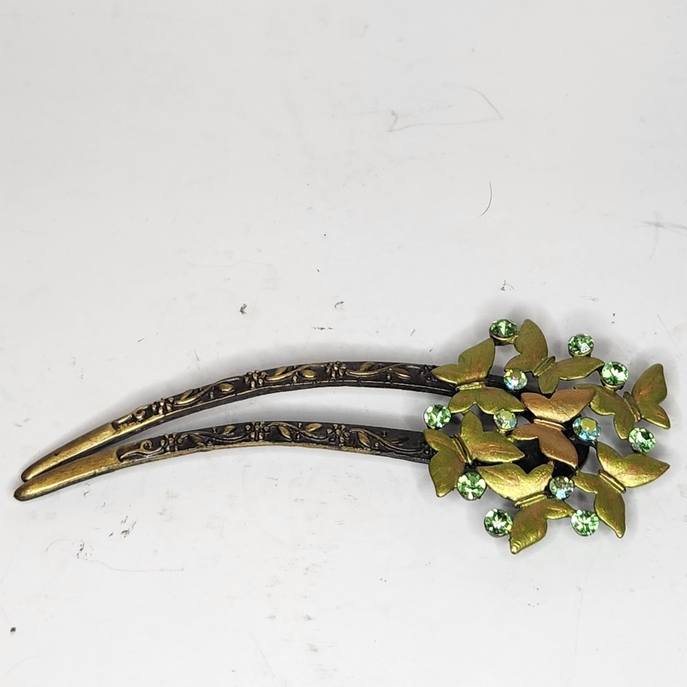 VTG Bronze Jeweled Floral Butterfly haircomb Pin Green Gild Glam Retro Victorian